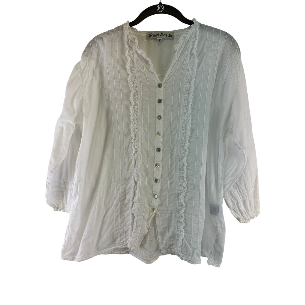 JP and Mattie Blouse White Boho Ruffle Pintuck Button Down Shirt Womens Small